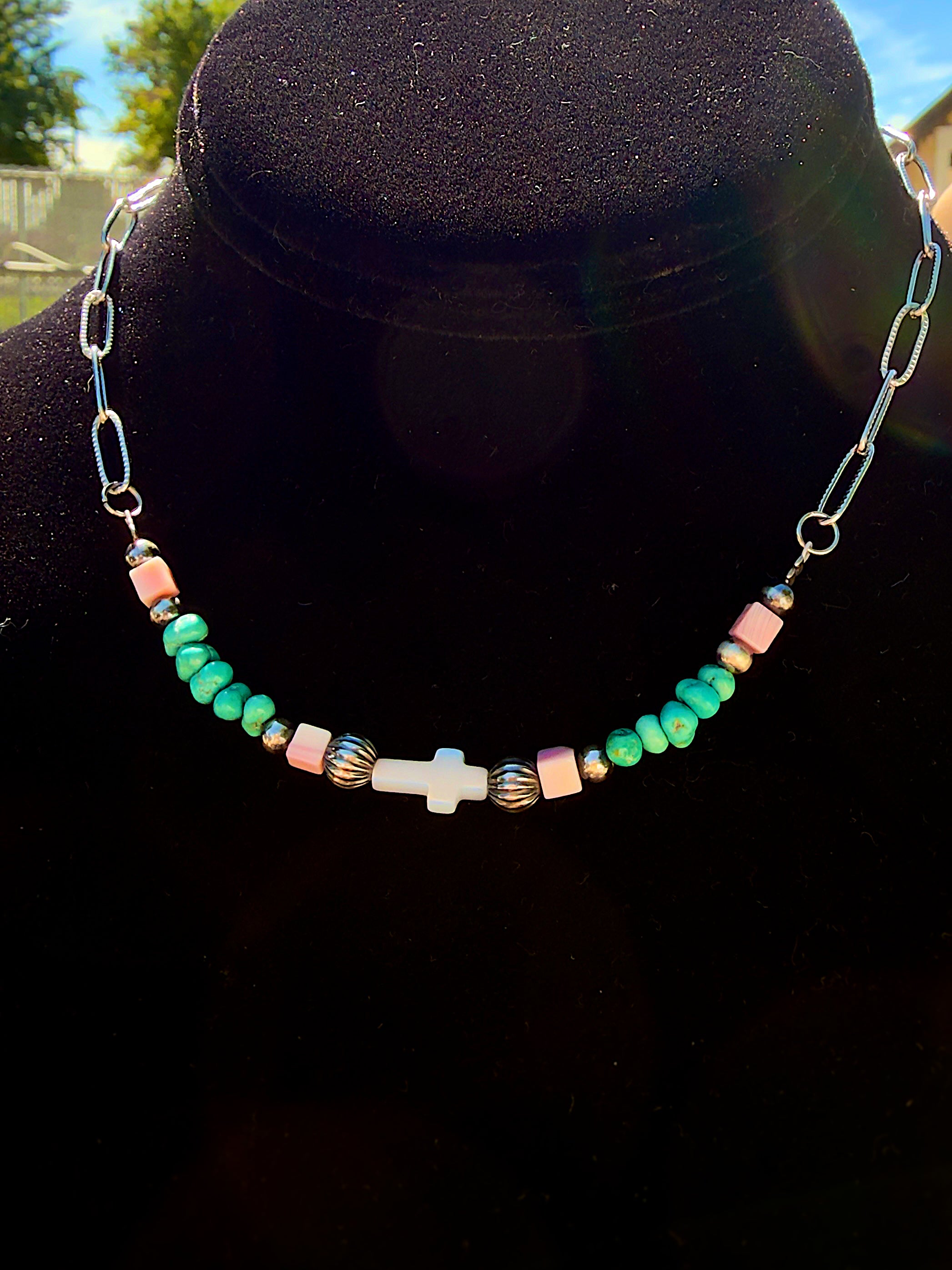 Pink Conch & Lone Mountain Cross Necklace