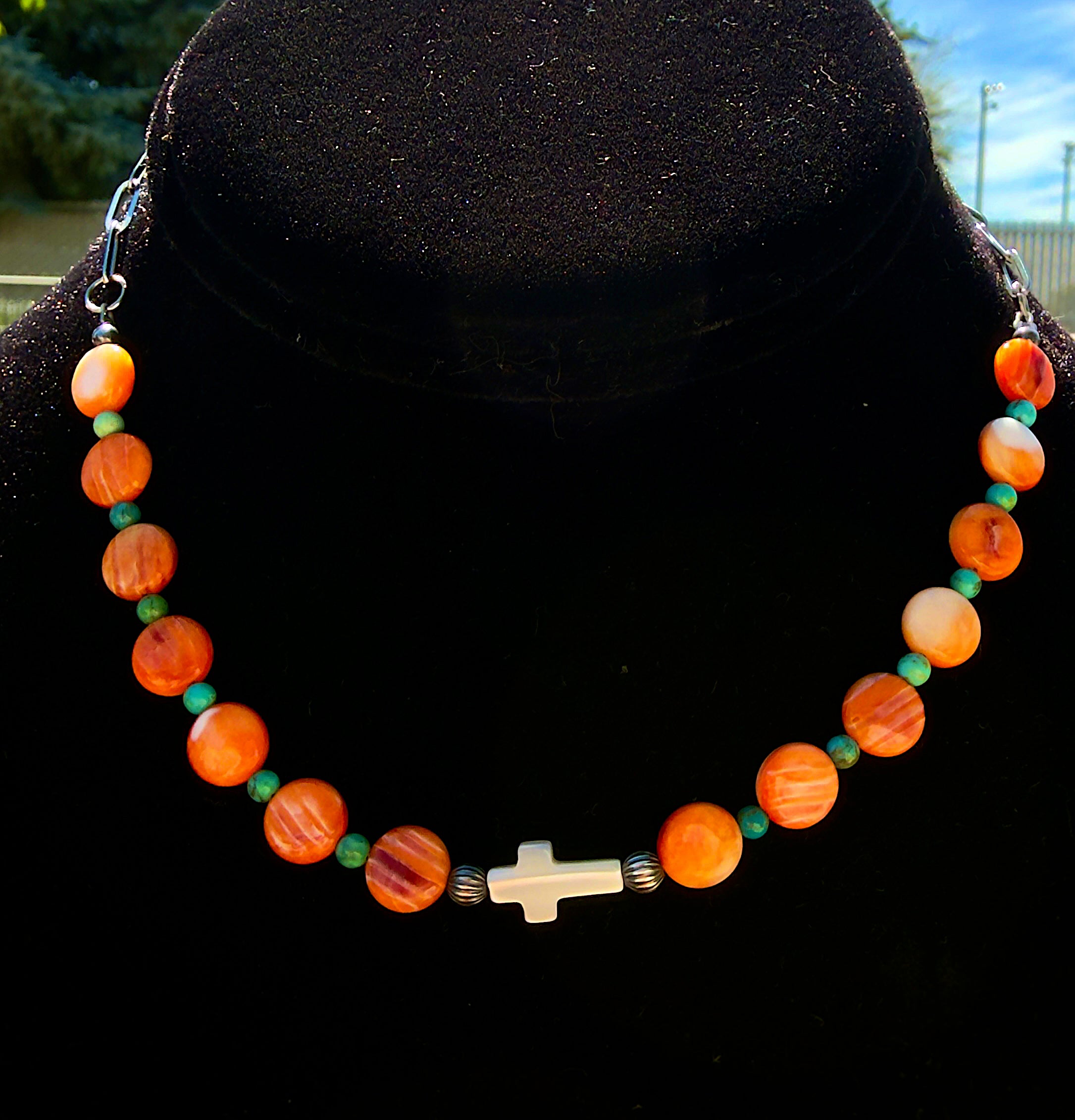 Orange Spiny Oyter & Kingman Cross Necklace