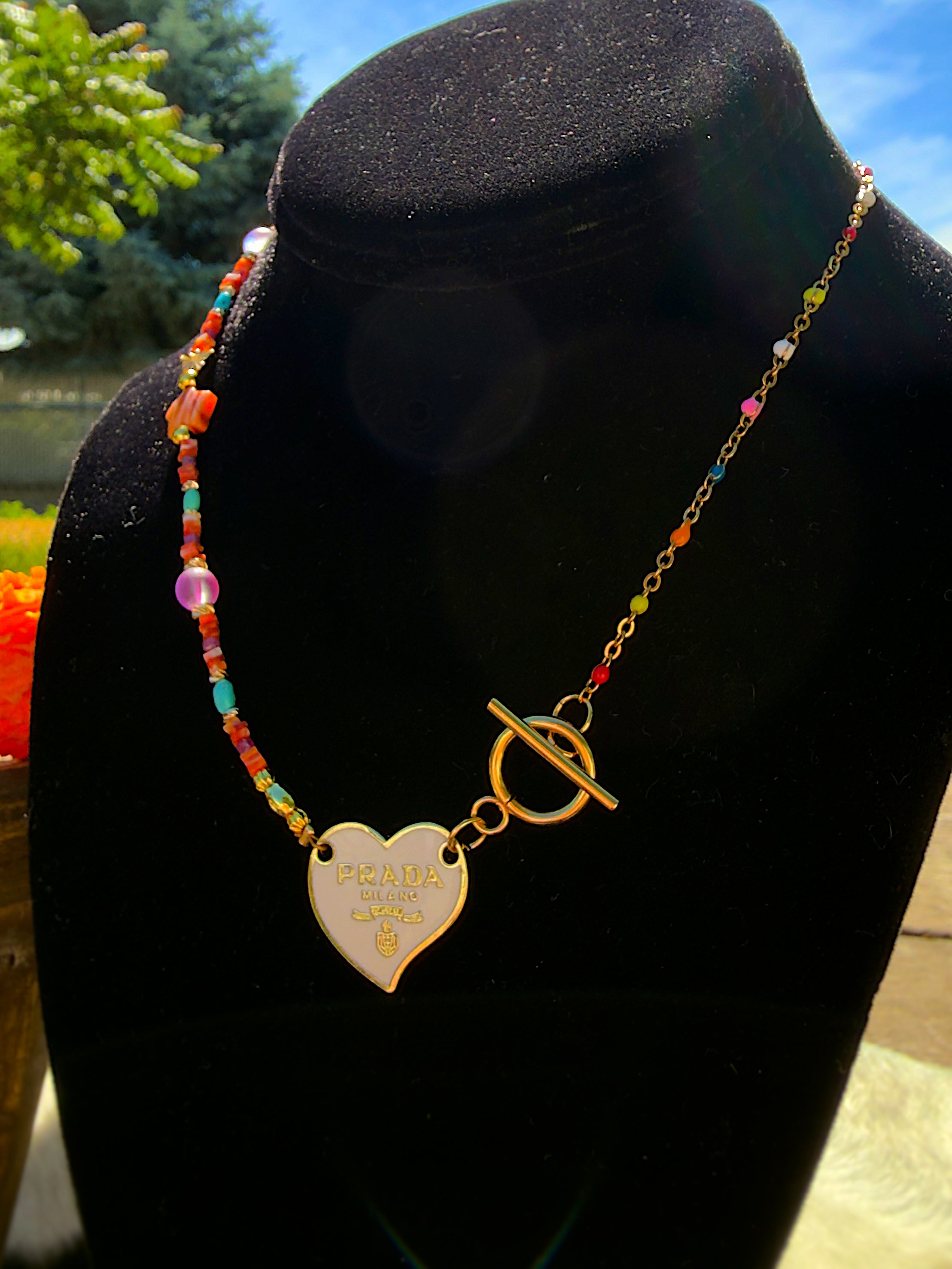 Gold & White Heart Prada Toggle Style Choker